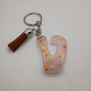Handmade Women's Letter V Initial White And Orange Glitter Keychain With Tassel